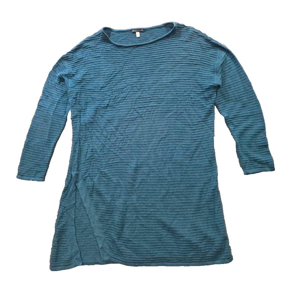 Eileen Fisher Shirt Teal Blue Knit Tunic 3/4 Sleeve One Size A011203